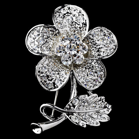 * Antique Silver Clear Rhinestone Flower Bridal Wedding Brooch Pin 94