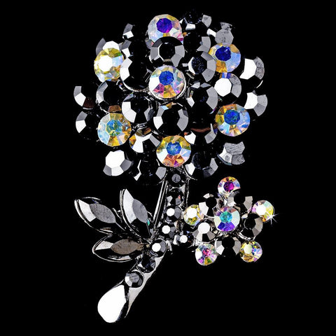 * Antique Silver Black Aurora Borealis Rhinestone Flower Bridal Wedding Brooch Pin 96