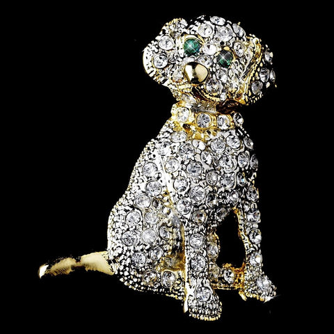 * Gold Trimmed Silver Clear Rhinestone Dog Pin w/ Green Rhinestone Eyes Bridal Wedding Brooch 98