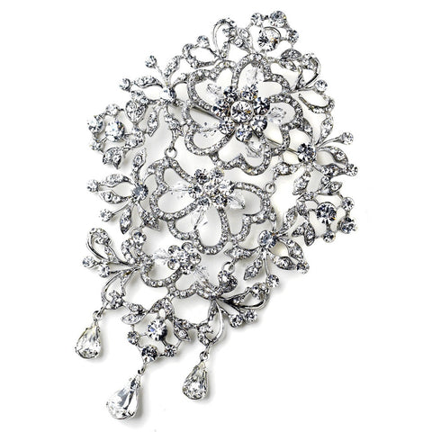 Rhodium Clear Rhinestone Crystal Floral Bridal Wedding Brooch 406