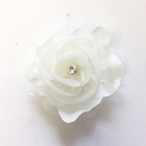 Diamond White Sheer Organza Flower Bridal Wedding Hair Bridal Wedding Brooch with Clear Rhinestones & Swarovski Crystal Beads