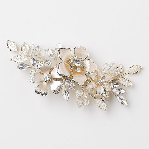 Light Gold Ivory Enameled Flower Bridal Wedding Hair Clip 34 w/ Swarovski Crystal Beads & Rhinestones