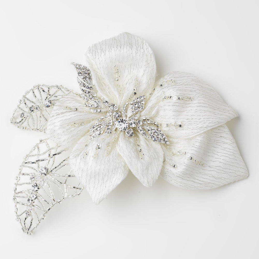 Silver & Ivory Fabric Accented w/ Crystals, Bugle Beads & Rhinestones Flower Bridal Wedding Hair Clip 9633