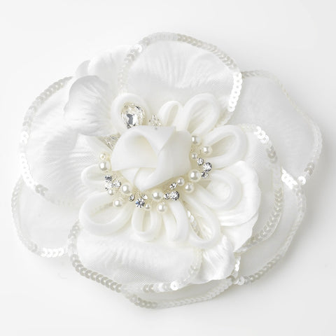 * Rhinestone, Pearl & Sequins Accent Flower Bridal Wedding Hair Clip 9644