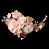 Rose Peach Gold Organza Soft Fabric Pearl Rhinestone Bridal Wedding Hair Flower Bridal Wedding Hair Clip w/ Golden Leaves