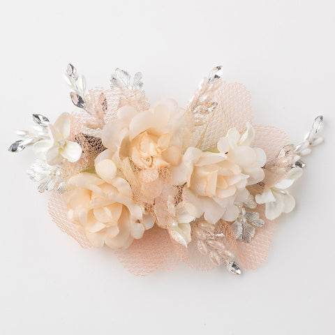 Peach Ivory Rhinestone Pearl Organza Mesh Flower Bridal Wedding Hair Clip
