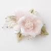 Champagne White Organza Bead Rhinestone Flower Bridal Wedding Hair Clip w/ Silver Leaves