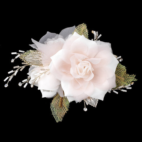 Champagne White Organza Bead Rhinestone Flower Bridal Wedding Hair Clip w/ Silver Leaves