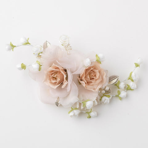 Rum Pink Sheer Organza Pearl Flower Bridal Wedding Hair Clip w/ Golden Leaves