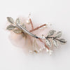 Rum Pink Ivory Sheer Organza Pearl & Swarovski Crystal Bead Flower Bridal Wedding Hair Clip w/ Golden Leaves