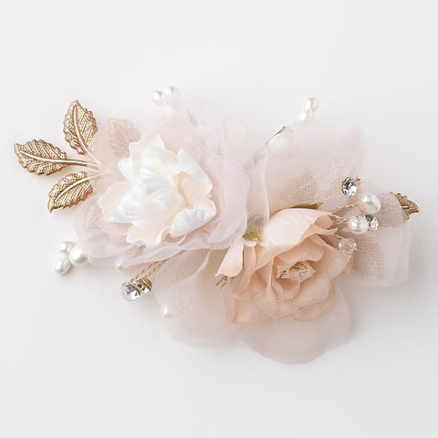 Rum Pink Ivory Sheer Organza Pearl & Swarovski Crystal Bead Flower Bridal Wedding Hair Clip w/ Golden Leaves