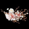 Pink Peach Pearl Soft Fabric Flower Bridal Wedding Hair Clip w/ Golden Leaves