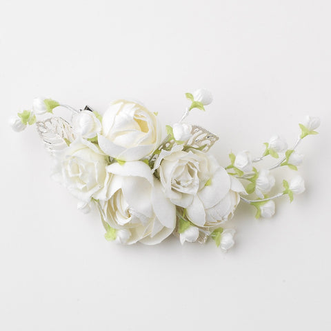 Light Ivory Soft Fabric Flower Bridal Wedding Hair Clip w/ Silver Leaves