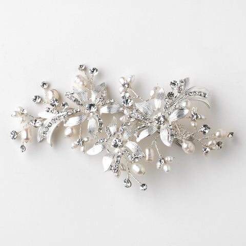 Silver Clear Rhinestone & Freshwater Pearl Floral Bridal Wedding Hair Clip 109