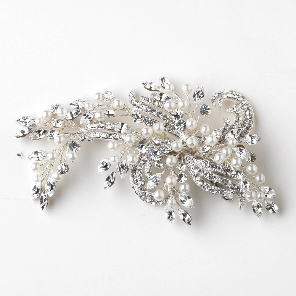 Silver Diamond White Pearl & Rhinestone Bridal Wedding Hair Vine Bridal Wedding Hair Clip