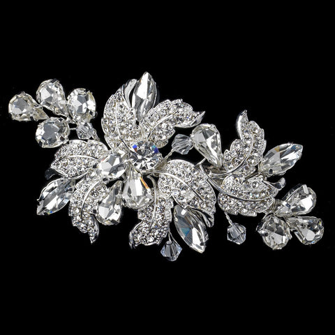 Silver Clear Floral Leaf Bridal Wedding Hair Clip with Swarovski Crystal Beads & Rhinestones