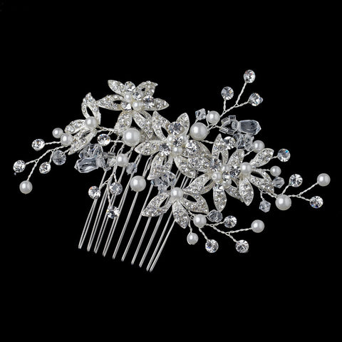 Diamond White Pearl & Rhinestone Floral Bridal Wedding Hair Comb 1178