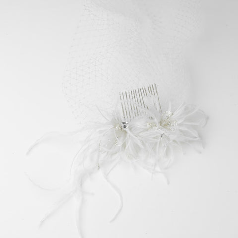 * Feather Fascinator Flower with Crystal & Rhinestone Detailing & Russian Birdcage Blusher Bridal Wedding Veil White or Ivory 3219