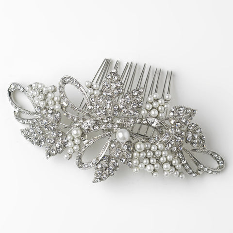 Rhodium Floral Leaf Bridal Wedding Hair Comb with Rhinestones & Pearls