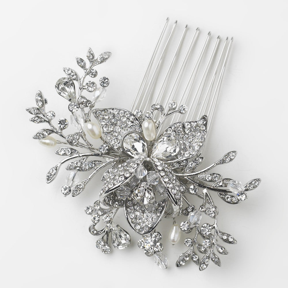 Antique Silver Freshwater Pearl, Swarovski Crystal & Rhinestone Flower and Leaf Bridal Wedding Hair Comb 757