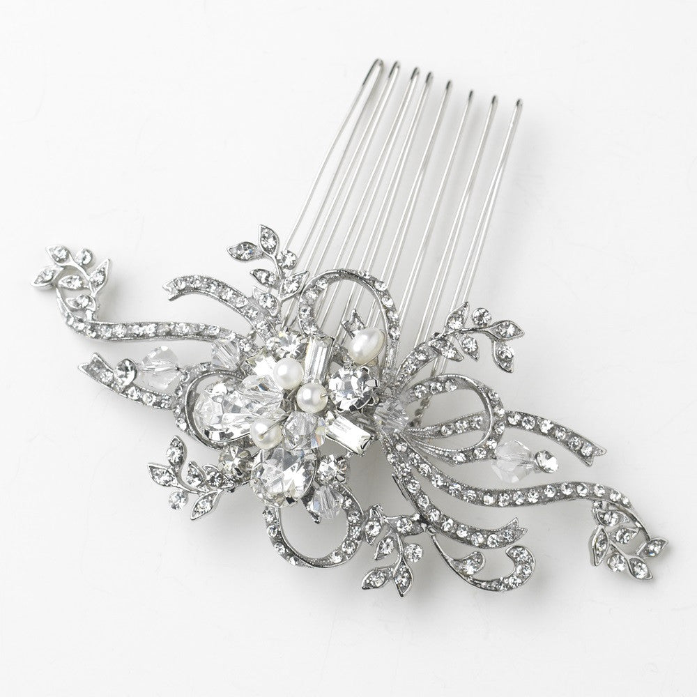 Antique Silver Freshwater Pearl & Crystal Swirl Bridal Wedding Hair Comb 760
