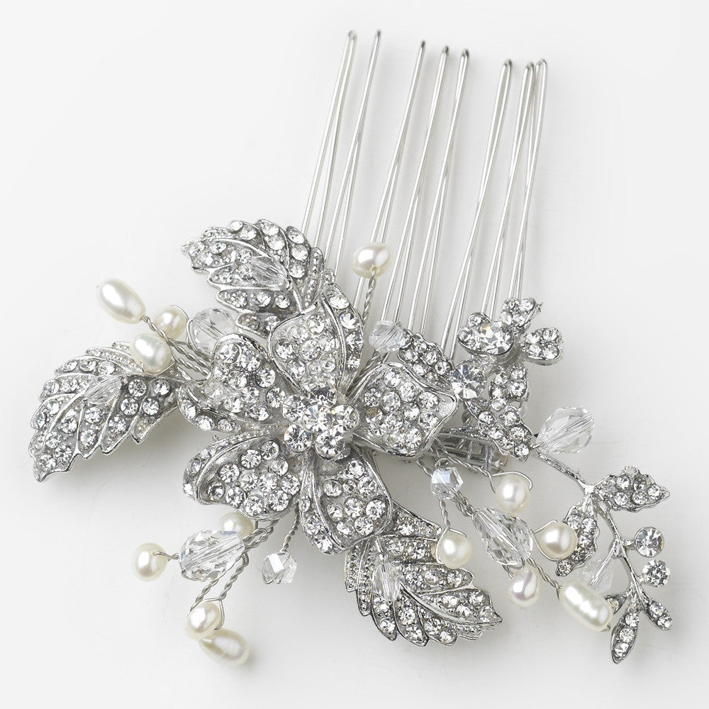 Antique Silver Freshwater Pearl, Swarovski Crystal & Rhinestone Flower and Leaf Bridal Wedding Hair Comb 761