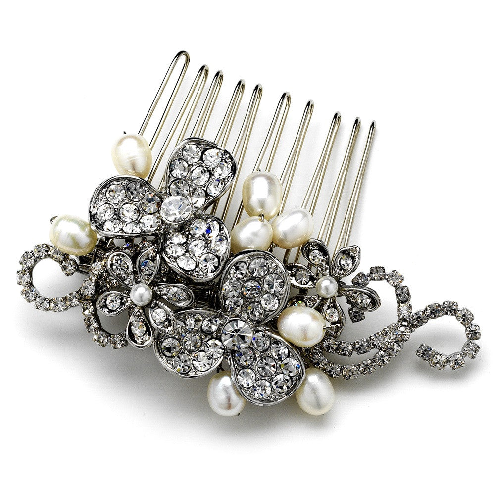 Antique Silver Flower Bridal Wedding Hair Comb with Pearl & Rhinestone Accents 8321