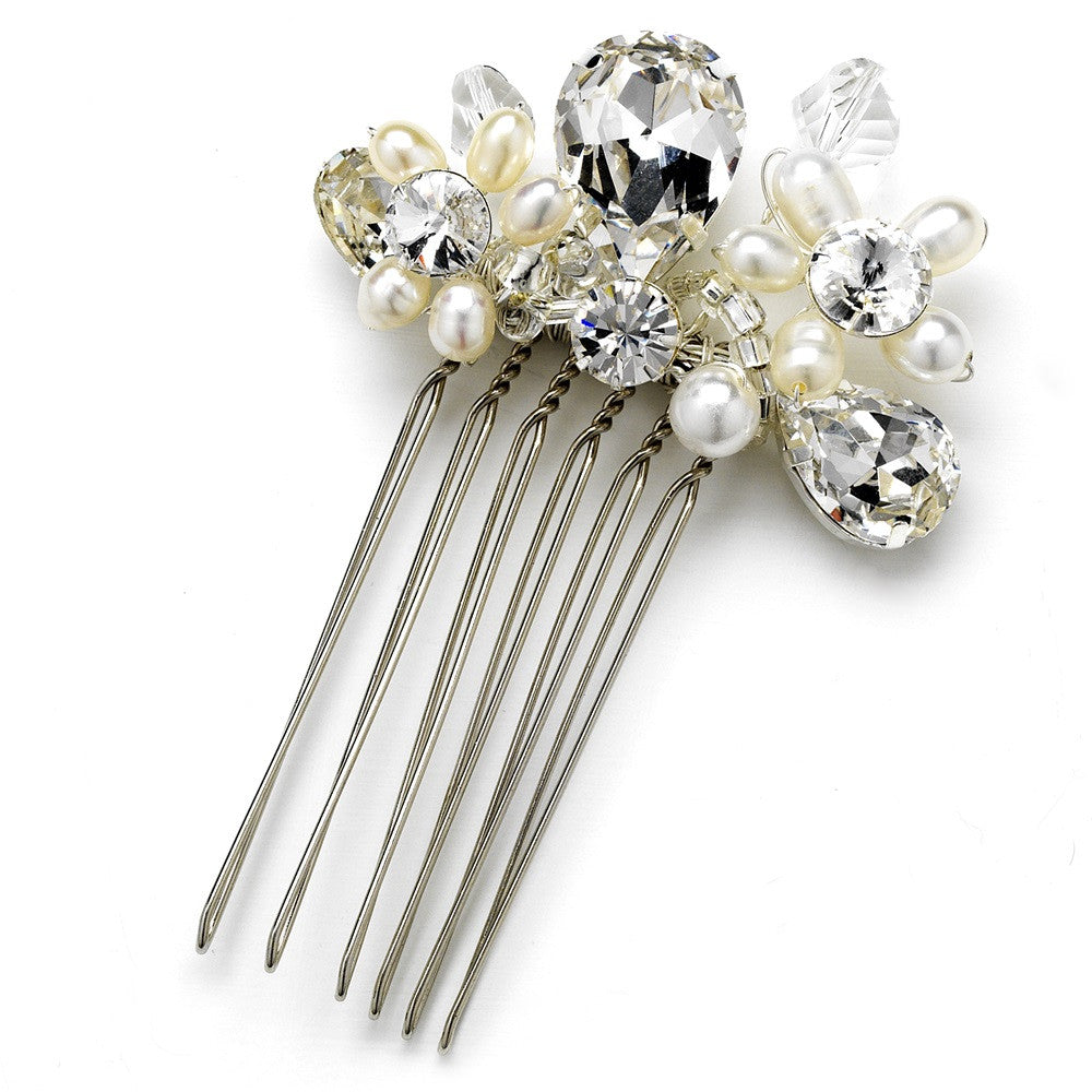 Couture Silver Clear Rhinestone & White Pearl Clustered Bridal Wedding Hair Comb 8398