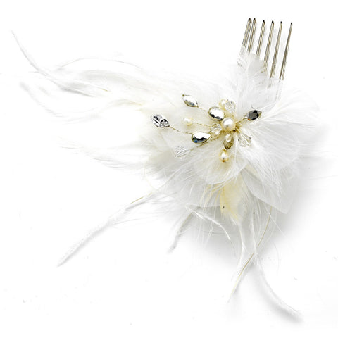 * Lovely Ivory Feather Spray Bridal Wedding Hair Comb w/ Pearls & Rhinestones 8432