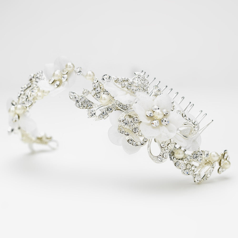 Silver Diamond White Pearl & Rhinestone Bridal Wedding Headband Headpiece w/ Side Bridal Wedding Hair Combs 9625