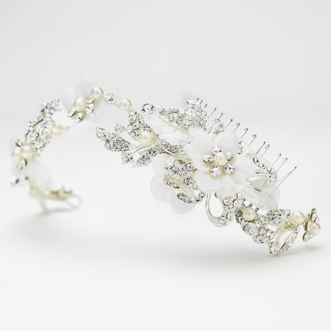 Silver Diamond White Pearl & Rhinestone Bridal Wedding Headband Headpiece w/ Side Bridal Wedding Hair Combs 9625