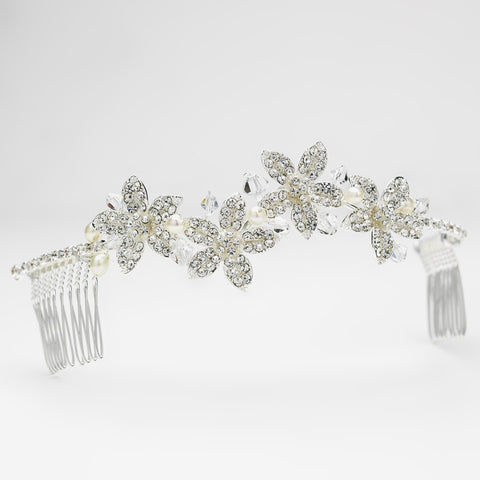 Silver White Pearl & Rhinestone Accent Floral Bridal Wedding Hair Comb 9626