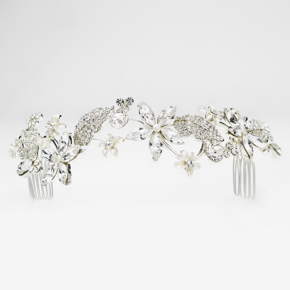 Silver Clear Rhinestone & Pearl Floral Vine Bridal Wedding Headband 9631