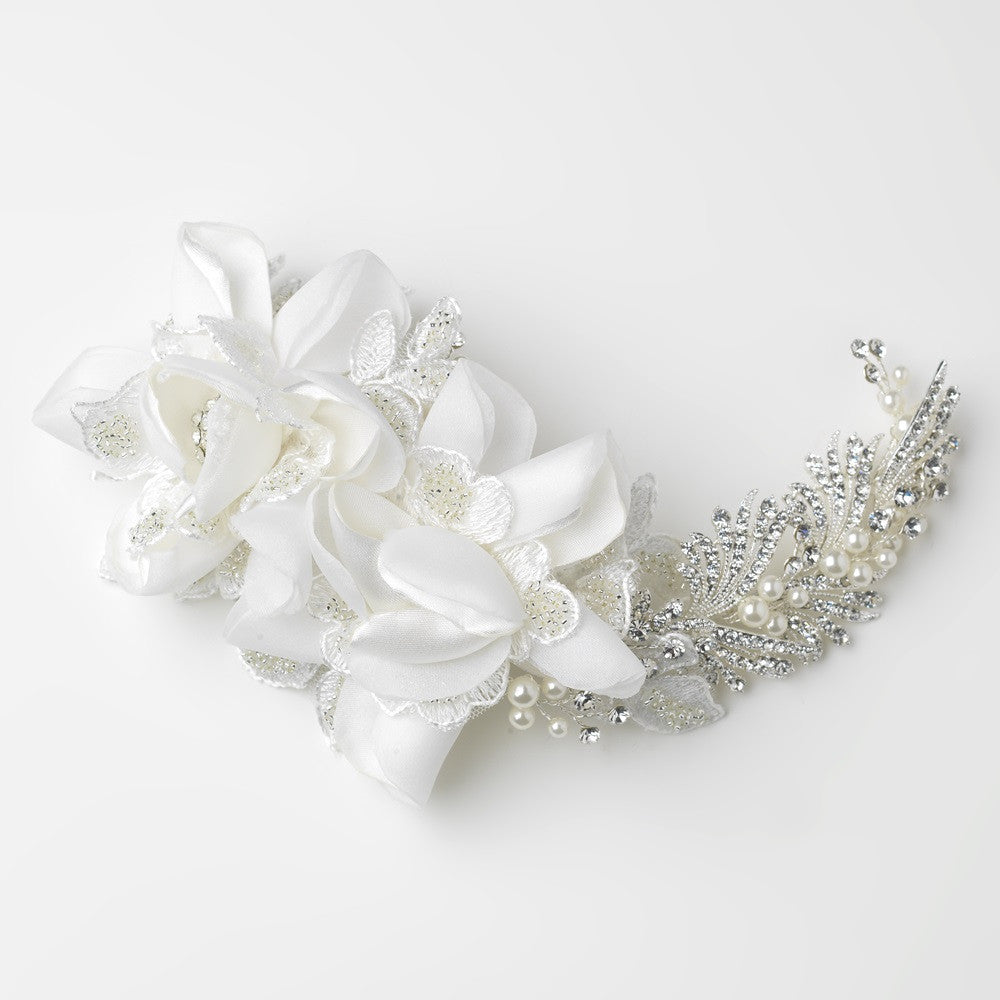 Silver Ivory Pearl, Rhinestone & Bugle Bead Accent Bridal Wedding Hair Comb 9647