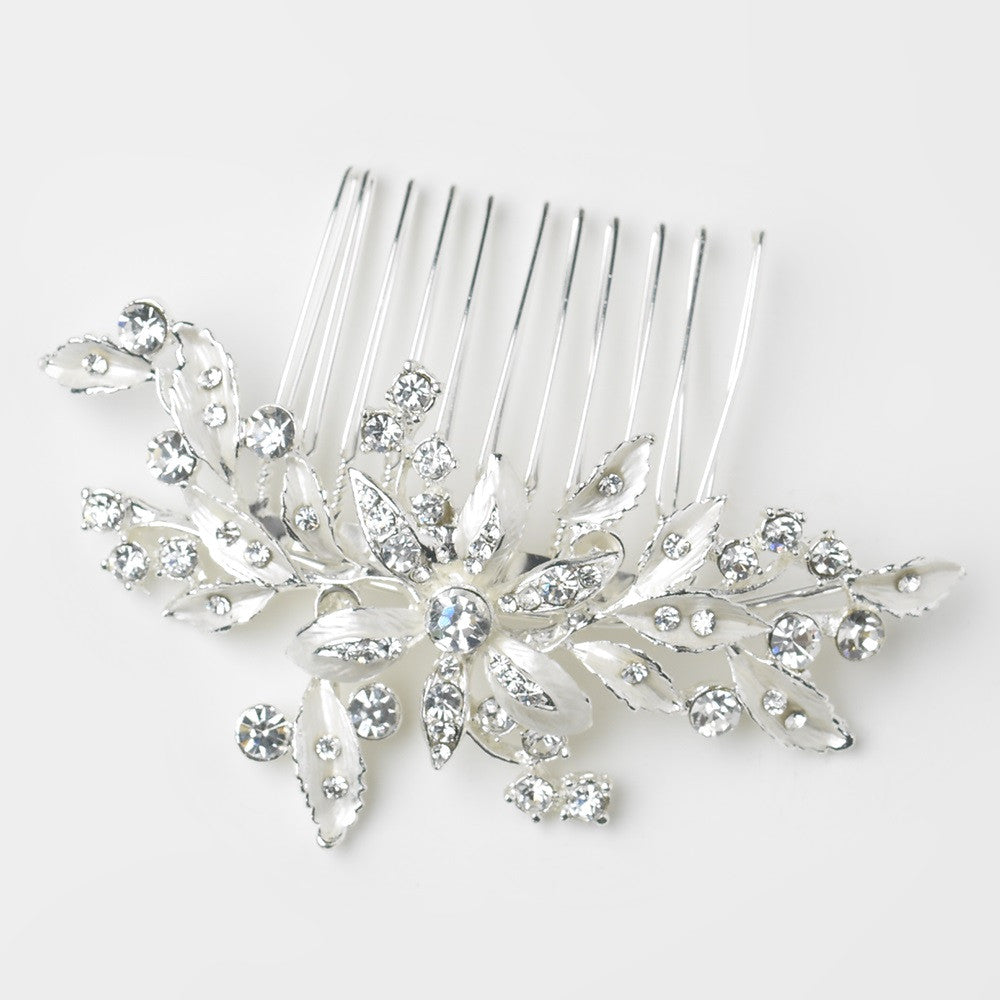 Silver Flower Leaf Garden Bridal Wedding Hair Comb Dazzled in Rhinestones 9653