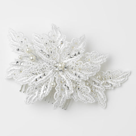 Diamond White Fabric Accented w/ Bugle Bead, Rhinestone & Pearl Bridal Wedding Hair Comb 9656