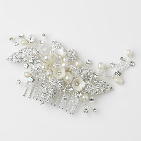 Diamond White Flower & Freshwater Pearl Bridal Wedding Hair Comb with Silver Pave Rhinestone Leaves 9657