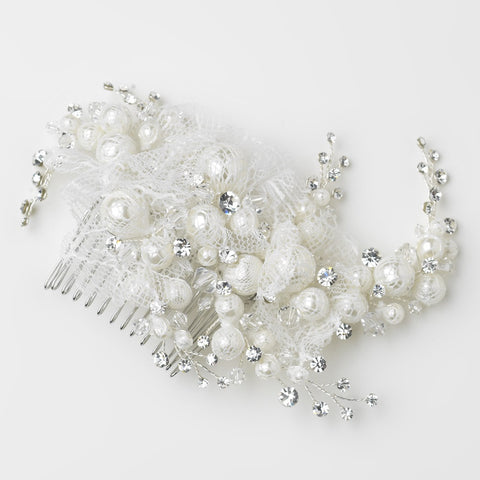 Silver Plated Bridal Wedding Hair Comb 9658 of Rhinestone Leafs, Pearls, and Diamond White Bridal Wedding Veiling