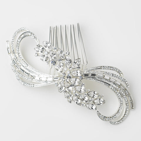 Silver Clear Baguette & Marquise Swirl Cut Rhinestone Design Bridal Wedding Hair Comb 9659