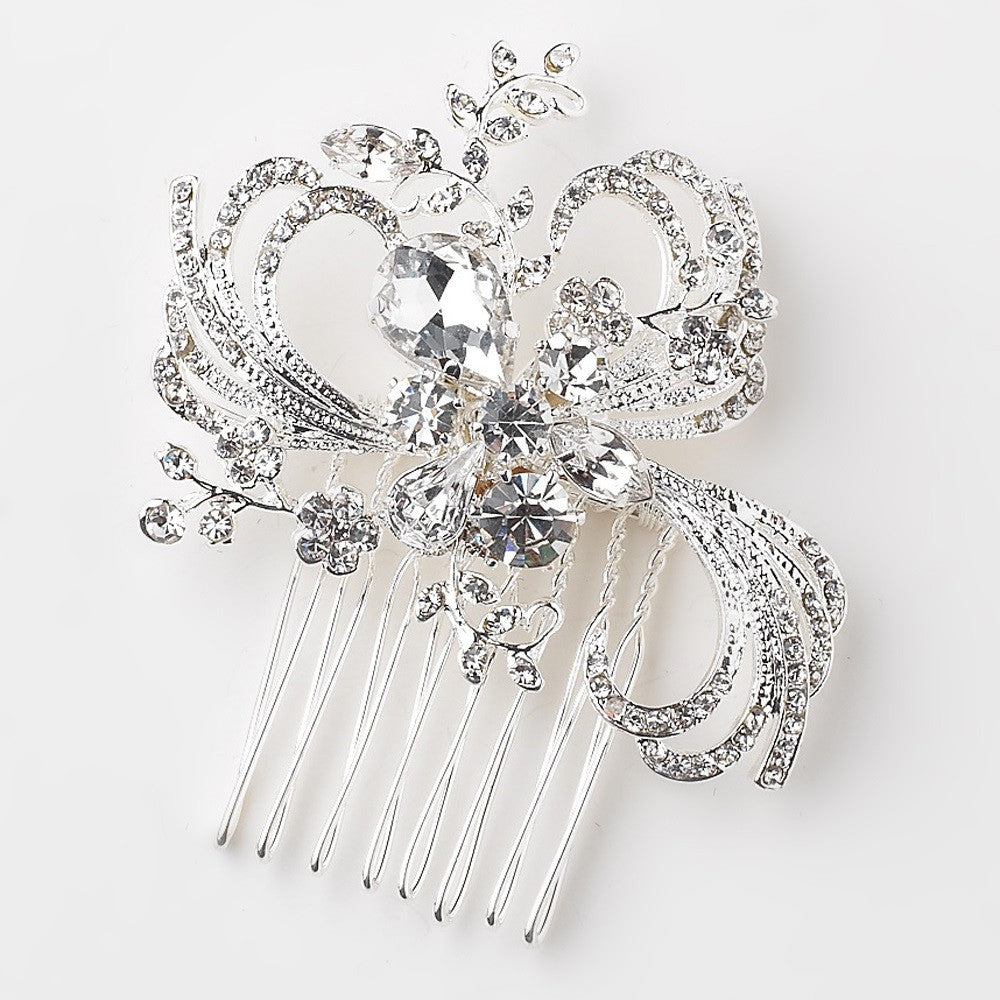 Silver Flower Gemstone & Rhinestone Swirl Bridal Wedding Hair Comb