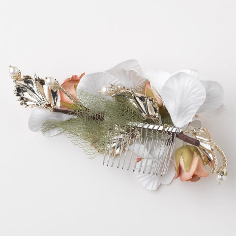 White Gold Rose Fabric Flower Bridal Wedding Hair Comb w/ Golden Leaves, Pearls & Rhinestones