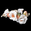 White Gold Rose Fabric Flower Bridal Wedding Hair Comb w/ Golden Leaves, Pearls & Rhinestones