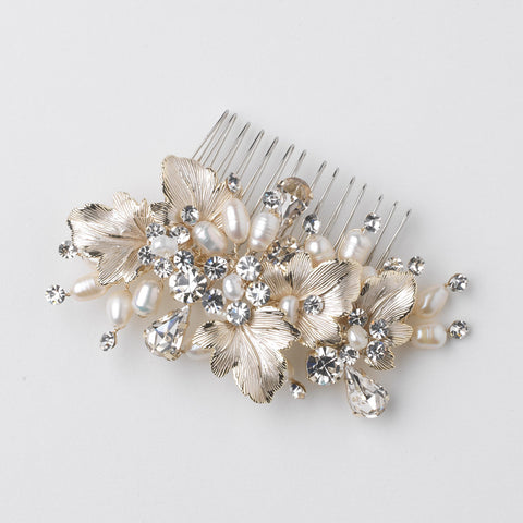 Light Gold Ivory Freshwater Pearl, Rhinestone, Gemstone Floral Leaf Bridal Wedding Hair Comb 35