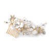 Gold Champagne Enameled Flower Bridal Wedding Hair Comb w/ Rhinestones & Freshwater Pearls 3812
