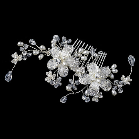 Flower Bridal Wedding Hair Comb with Swarovski Crystal Beads, Rhinestones & Pearls