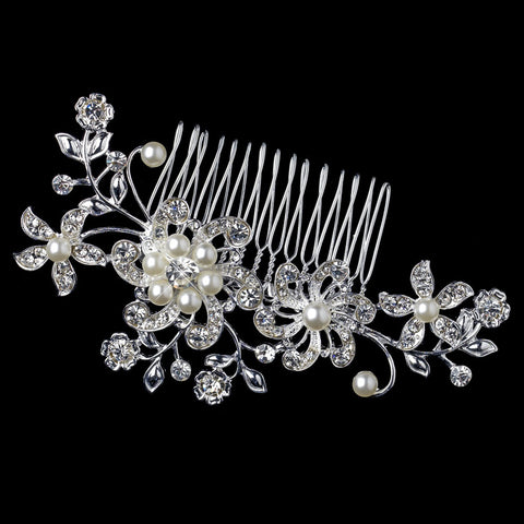 Silver Ivory Pearl & Rhinestone Flower Swirl Bridal Wedding Hair Comb
