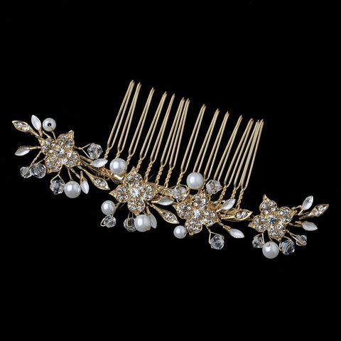 Gold Flower Bridal Wedding Hair Comb with Pearls, Rhinestones & Swarovski Crystal Beads