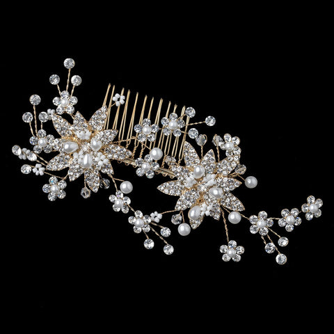 Gold Flower Star Bridal Wedding Hair Comb with Pearls, Rhinestones & Swarovski Crystal Beads