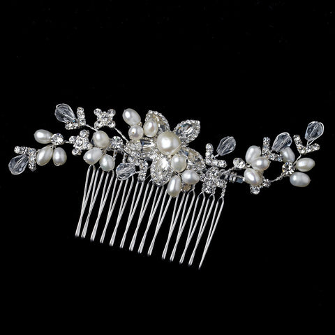 Silver Clear Floral Bridal Wedding Hair Comb with Rhinestones, Swarovski Crystal Beads & Freshwater Pearls