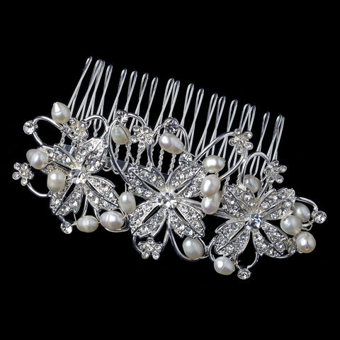 Silver Clear Flower Bridal Wedding Hair Comb with Rhinestones & Freshwater Pearls